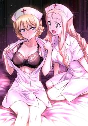 Rule 34 | &gt;:(, 2girls, :d, alternate costume, annoyed, aqua eyes, arm support, bed sheet, black bra, blonde hair, blue eyes, blush, bookshelf, bra, braid, breasts, cleavage, closed mouth, collarbone, commentary, cross, darjeeling (girls und panzer), dress, drill hair, forehead, frown, girls und panzer, green eyes, hair between eyes, half-closed eyes, hat, head tilt, highres, indoors, kneeling, lace, lace-trimmed bra, lace trim, leaning forward, light, light particles, lingerie, long hair, looking at breasts, looking at viewer, marie (girls und panzer), medium breasts, multiple girls, nakahira guy, nurse, nurse cap, on bed, open clothes, open dress, open mouth, opened by self, pink dress, pink headwear, seiza, short dress, short hair, short sleeves, sitting, smile, sweat, sweatdrop, thighs, twin braids, underwear, undressing, very long hair, white bra