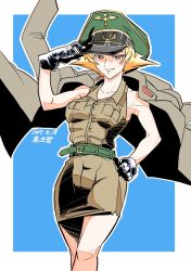 Rule 34 | 10s, 1girl, 2017, belt, blonde hair, blue background, border, brown eyes, brown jacket, dated, erwin (girls und panzer), girls und panzer, gloves, goggles, goggles on headwear, green belt, hat, highres, jacket, long sleeves, looking at viewer, military, military hat, military jacket, military uniform, outline, outside border, peaked cap, pointy hair, shinkuukan (tetsuo3), shirt, short hair, simple background, skirt, sleeveless, sleeveless shirt, smile, solo, standing, translation request, uniform, white border