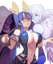 Rule 34 | 1boy, 2girls, absurdres, angel wings, asymmetrical docking, asymmetrical wings, bare shoulders, belt, blue hair, blush, breast press, breasts, center opening, cleavage, convenient censoring, detached sleeves, dizzy (guilty gear), guilty gear, hair ribbon, highres, holding another&#039;s arm, large breasts, long hair, midriff, monster girl, multiple girls, navel, necro (guilty gear), open mouth, red eyes, ribbon, sho-n-d, skull, stomach, twintails, underboob, undine (guilty gear), wings