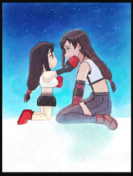 Rule 34 | 2girls, black hair, black skirt, black thighhighs, border, breasts, clip studio paint (medium), closed mouth, commentary, crop top, dual persona, elbow pads, face-to-face, final fantasy, final fantasy vii, final fantasy vii remake, from side, full body, gloves, hands on another&#039;s face, highres, kneeling, long hair, looking at another, low-tied long hair, medium breasts, midriff, miniskirt, multiple girls, night, night sky, orange eyes, pleated skirt, low poly, profile, red footwear, red gloves, shooting star, sitting, skirt, sky, sleeveless, smile, star (sky), starry sky, straight hair, tank top, thighhighs, tifa lockhart, tsubobot, wariza, white tank top, zettai ryouiki