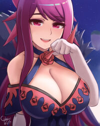 Rule 34 | 1girl, breasts, ciderwrath, cleavage, elbow gloves, fire emblem, fire emblem engage, gloves, ivy (fire emblem), large breasts, long hair, looking at viewer, purple eyes, purple hair, smile