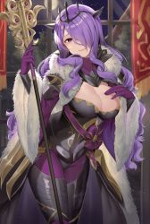 Rule 34 | 1girl, armor, black leotard, breasts, camilla (fire emblem), cape, cleavage, closed mouth, commission, fake horns, fire emblem, fire emblem fates, fire emblem heroes, fur trim, gloves, hair over one eye, haru (nakajou-28), highres, holding, holding polearm, holding weapon, horns, indoors, large breasts, leaning forward, leg armor, leotard, long hair, looking at viewer, moon, night, night sky, nintendo, official alternate costume, pantyhose, pixiv commission, polearm, purple eyes, purple gloves, purple hair, purple pantyhose, sky, solo, tiara, very long hair, wavy hair, weapon, wide sleeves, window