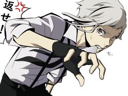 Rule 34 | 1boy, black gloves, black necktie, bungou stray dogs, closed mouth, from side, gloves, grey hair, looking at viewer, mari (marimaripink), nakajima atsushi (bungou stray dogs), necktie, shirt, solo, twitter username, upper body, white shirt, yellow eyes