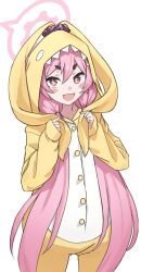 Rule 34 | + +, 1girl, animal costume, animal ear hood, bag (chrko bag), blue archive, blush stickers, buttons, cowboy shot, fake animal ears, fang, hair between eyes, halo, highres, hood, hood up, koyuki (blue archive), long hair, pink eyes, pink hair, pink halo, simple background, skin fang, sleeves past wrists, solo, thick eyebrows, twintails, very long hair, white background