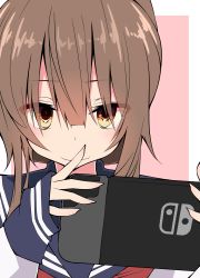 Rule 34 | 1girl, absurdres, bad id, bad pixiv id, brown eyes, brown hair, commentary request, eyes visible through hair, hair between eyes, handheld game console, highres, inazuma (kancolle), kantai collection, long sleeves, looking at viewer, nintendo switch, pov, sakakiba misogi, school uniform, serafuku, solo