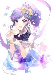Rule 34 | 1girl, :d, aikatsu!, aikatsu! (series), black shirt, blue flower, blush, bow, commentary request, cup, dress, earrings, fingernails, flower, hair bow, hair flower, hair ornament, hands up, highres, holding, holding cup, jewelry, kiriya aoi, looking at viewer, off-shoulder dress, off shoulder, open mouth, puracotte, purple eyes, purple flower, purple hair, shirt, sidelocks, sleeveless, sleeveless shirt, smile, solo, yellow bow