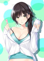 Rule 34 | 1girl, black hair, breasts, cleavage, collarbone, cup, highres, holding, holding cup, holding spoon, large breasts, looking at viewer, medium hair, nayuta69, original, parted lips, ponytail, solo, spoon, upper body, yellow eyes