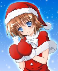 Rule 34 | 1girl, blue eyes, blush, bow, brown hair, capelet, christmas, closed mouth, commentary request, dress, fur-trimmed capelet, fur-trimmed mittens, fur trim, hat, holding, looking at viewer, lyrical nanoha, mahou shoujo lyrical nanoha innocent, mittens, red capelet, red dress, red mittens, santa dress, santa hat, short hair, smile, snowing, snowman, solo, stern the destructor, upper body, white bow, yorousa (yoroiusagi)