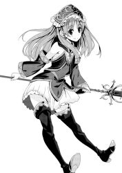 Rule 34 | 1girl, atelier (series), atelier totori, boots, detached sleeves, female focus, greyscale, high heels, long hair, monochrome, parsley-f, shoes, solo, staff, thigh boots, thighhighs, totooria helmold, zettai ryouiki