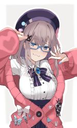 Rule 34 | 1girl, :3, black skirt, blue-framed eyewear, blue eyes, blue nails, blush, bow, breasts, brooch, brown hair, cardigan, closed mouth, commentary, ganesagi, glasses, hair ornament, hat, hat bow, highres, jacket, jewelry, large breasts, long sleeves, looking at viewer, medium hair, nail polish, nijisanji, open clothes, open jacket, pink cardigan, shirt, simple background, skirt, solo, striped clothes, striped skirt, suzuhara lulu, suzuhara lulu (1st costume), symbol-only commentary, upper body, vertical-striped clothes, vertical-striped skirt, virtual youtuber, white background, white shirt