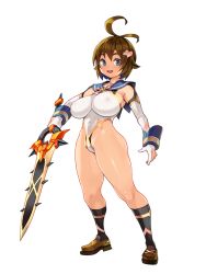 Rule 34 | 1girl, ahoge, blue eyes, breasts, brown footwear, brown hair, covered erect nipples, covered navel, dairoku ryouhei, elbow gloves, full body, gloves, hair ornament, hairclip, heart, heart hair ornament, holding, holding sword, holding weapon, large breasts, leotard, loafers, looking at viewer, official art, open mouth, photoshop (medium), ryoji (nomura ryouji), shoes, short hair, solo, standing, sword, thighhighs, transparent background, weapon