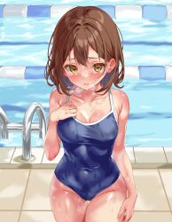 Rule 34 | 1girl, absurdres, blue one-piece swimsuit, breasts, brown eyes, brown hair, cleavage, commission, competition school swimsuit, cowboy shot, heavy breathing, highres, iwato (celler), lane line, looking at viewer, medium breasts, one-piece swimsuit, original, pixiv commission, pool, pool ladder, poolside, school swimsuit, short hair, solo, standing, swimsuit, wet, wet clothes, wet swimsuit