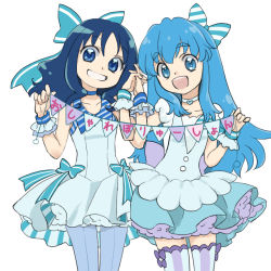 Rule 34 | 2girls, blue eyes, blue hair, bow, choker, commentary request, dress, frilled dress, frills, fujise, grin, hair bow, happinesscharge precure!, heart, heartcatch precure!, holding hands, interlocked fingers, kurumi erika, long hair, multiple girls, open mouth, pantyhose, precure, puffy short sleeves, puffy sleeves, pun, round teeth, shirayuki hime, short sleeves, simple background, sleeveless, smile, teeth, thick eyebrows, thighhighs, white background, wrist cuffs, zettai ryouiki