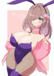 Rule 34 | 1girl, :3, animal ears, bare shoulders, blush, bow, breasts, brown hair, cardigan, choker, cleavage, closed mouth, collarbone, commentary, covered navel, dot nose, green bow, green eyes, hair bow, hair intakes, hair over one eye, huge breasts, kasagland, leotard, long bangs, long sleeves, looking at viewer, medium hair, nijisanji, open cardigan, open clothes, pantyhose, pink background, pink bow, pink cardigan, pink choker, playboy bunny, purple headwear, purple leotard, purple thighhighs, rabbit ears, signature, sleeves past wrists, smile, solo, strapless, strapless leotard, suzuhara lulu, thighhighs, thighs, two-tone background, virtual youtuber, white background, wide hips