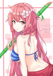 Rule 34 | 1girl, arm at side, bamboo, bamboo shoot, blush, breasts, butt crack, dated, flower, from side, girls&#039; frontline, hair flower, hair ornament, hair over shoulder, holding, holding bamboo shoot, large breasts, leaning forward, long hair, looking at viewer, looking back, ntw-20 (girls&#039; frontline), ntw-20 (op. blazing sun) (girls&#039; frontline), official alternate costume, open mouth, pink eyes, pink hair, sarong, shoulder blades, sidelocks, signature, simple background, solo, swimsuit, twitter username, underboob, unel1211, very long hair