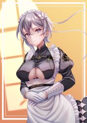 Rule 34 | 1girl, apron, azur lane, bellona (armed to clean) (azur lane), bellona (azur lane), belt, black belt, black shirt, breasts, buttons, chest strap, clothing cutout, earrings, frilled apron, frills, gloves, grey eyes, grey hair, highres, irasuto neko35, jewelry, large breasts, maid, maid headdress, medium breasts, puffy sleeves, shirt, smile, solo, underboob, underboob cutout, white apron, white gloves