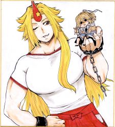 Rule 34 | 1girl, absurdres, blonde hair, breasts, chain, character doll, commentary request, cowboy shot, cuffs, doll, dutch angle, highres, holding, holding doll, horns, hoshiguma yuugi, large breasts, long hair, looking to the side, matsuri kyuuta, mizuhashi parsee, muscular, muscular female, one eye closed, open mouth, red eyes, red horns, red skirt, shirt, simple background, single horn, skirt, smile, solo, star (symbol), straw doll, touhou, white background, white shirt