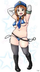 Rule 34 | 1girl, arms behind head, arms up, bikini, blue bikini, blue hat, blue necktie, breasts, brown eyes, brown hair, detached collar, full body, grey thighhighs, hat, highres, looking at viewer, medium breasts, navel, necktie, open mouth, plump, shadow, shigekikkusu, skindentation, smile, solo, standing, striped clothes, striped wrist cuffs, swimsuit, tareme, teeth, thick thighs, thighhighs, thighs, upper teeth only, wrist cuffs