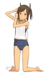 Rule 34 | 10s, 1girl, alternate hairstyle, bare legs, blush, brown eyes, brown hair, dated, full body, i-401 (kancolle), kantai collection, kawashina (momen silicon), kneeling, sailor collar, school swimsuit, simple background, solo, swimsuit, swimsuit under clothes, tan, twintails, tying hair, white background