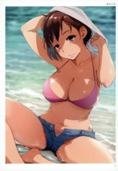 Rule 34 | 1girl, absurdres, arakure, artist name, bikini, bikini under clothes, blurry, blurry background, breasts, brown hair, buttons, cleavage, closed mouth, collarbone, covered erect nipples, dark-skinned female, dark skin, day, denim, denim shorts, highres, large breasts, lips, looking at viewer, navel, outdoors, page number, pink bikini, purple eyes, scan, shiny skin, short shorts, shorts, sitting, smile, solo, swimsuit, toranoana, unbuttoned, undressing, water, wet, zipper