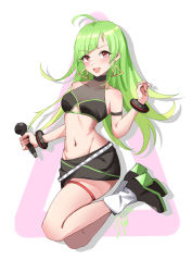 Rule 34 | 1girl, :d, absurdres, ahoge, armband, bare legs, bare shoulders, black skirt, blush, boots, breasts, chinese commentary, cleavage, collarbone, delruki, delutaya, diagonal bangs, earrings, full body, highres, holding, holding microphone, indie virtual youtuber, jewelry, legs folded, looking at viewer, microphone, miuna (498475051), navel, open mouth, red eyes, shadow, signature, simple background, skirt, sleeveless, small breasts, smile, solo, teeth, thigh strap, triangle earrings, upper teeth only, v-shaped eyebrows, virtual youtuber, wrist cuffs