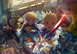 Rule 34 | 2boys, bed, blanket, blonde hair, blue eyes, brothers, carpet, child, christmas, commentary, dog, freckles, indoors, male focus, multiple boys, noeyebrow (mauve), original, pajamas, pillow, puppy, room, short hair, siblings, socks, sparkling eyes, stuffed toy, toy, toy sword