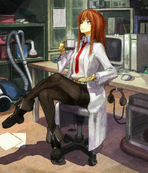 Rule 34 | 1girl, ahoge, amon (amon 12345), ankle boots, bad id, bad pixiv id, boots, brown hair, brown pantyhose, chair, coffee mug, computer, crossed legs, cup, cushion, desk, doctor, drink, drinking, eating, headphones, highres, indoors, lab coat, long hair, makise kurisu, microwave, monitor, computer mouse, mug, necktie, pantyhose, paper, red hair, red necktie, room, ryman, shelf, sitting, solo, steam, steins;gate, umbrella, vacuum cleaner, x68000