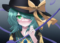 Rule 34 | 1girl, bow, commentary request, crying, crying with eyes open, expressionless, frilled shirt collar, frills, gradient background, green eyes, green hair, grey background, hair between eyes, hair over one eye, hand up, hat, hat bow, heart, heart-shaped pupils, heart of string, highres, komeiji koishi, kuro wa shinoru, looking at viewer, medium hair, parted lips, shirt, solo, symbol-shaped pupils, tears, third eye, touhou, yellow shirt