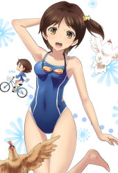 Rule 34 | 10s, 1girl, :d, arm behind head, barefoot, bicycle, bird, brown eyes, brown hair, chicken, competition school swimsuit, covered navel, fukami hina, glasslip, goggles, goggles around neck, highleg, highleg swimsuit, ishizu kayu, no pants, one-piece swimsuit, open mouth, school swimsuit, short hair, side ponytail, smile, swimsuit