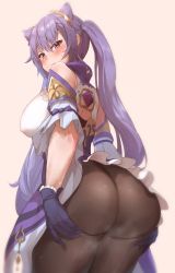 Rule 34 | 1girl, absurdres, annoyed, ass, ass grab, ass support, bare shoulders, black pantyhose, blush, braid, breasts, cone hair bun, deep skin, dress, embarrassed, from behind, from below, genshin impact, gloves, hair bun, hair ornament, highres, huge ass, keqing (genshin impact), large breasts, long hair, looking at viewer, looking back, panties, panties under pantyhose, pantyhose, pharmacon, purple eyes, purple hair, shiny clothes, short dress, sideboob, skirt, solo, twintails, underwear, very long hair, vision (genshin impact)