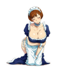Rule 34 | blush, breasts, brown hair, character request, cleavage, closed eyes, hairu, large breasts, maid, short hair, source request