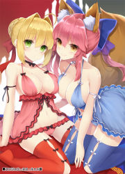 Rule 34 | 10s, 2girls, ahoge, animal ears, arm ribbon, arm support, babydoll, bad id, bad pixiv id, black bow, black choker, black ribbon, blonde hair, blue bow, blue panties, blue thighhighs, blush, bow, bow choker, bow panties, breasts, choker, cleavage, collarbone, fate/extra, fate (series), fox ears, fox tail, green eyes, hair bow, hair intakes, large breasts, long hair, looking at viewer, multiple girls, navel, nero claudius (fate), nero claudius (fate) (all), nero claudius (fate/extra), official alternate costume, panties, pink hair, ponytail, red bow, red neckwear, red panties, ribbon, sitting, smile, tail, tamamo (fate), tamamo no mae (fate/extra), thighhighs, underwear, underwear only, yellow eyes, yuzu-aki