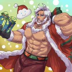 Rule 34 | 1boy, abs, arm hair, bara, bare pectorals, beard, blue eyes, bulge, christmas, coat, cookie run, dark-skinned male, dark skin, eggnog cookie, facial hair, full beard, fur-trimmed coat, fur trim, gift, holding, holding gift, humanization, large hands, large pectorals, looking at viewer, male focus, mature male, muscular, muscular male, navel, navel hair, nipples, obliques, open clothes, pectorals, red headwear, santa costume, seductive smile, short hair, smile, solo, stomach, strongman waist, thick arms, thick beard, thick chest hair, thick eyebrows, thick thighs, thighs, weedwolfeatmeat, white hair