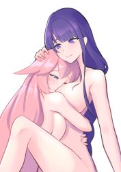 Rule 34 | 2girls, absurdres, animal ears, blush, braid, breast pillow, breast press, breasts, collarbone, completely nude, cuddling, face to breasts, fox ears, genshin impact, hand on another&#039;s head, head rest, highres, hug, large breasts, long hair, looking at another, low-braided long hair, low-tied long hair, multiple girls, nude, one eye closed, pink hair, purple eyes, purple hair, raiden shogun, simple background, tinyen wang, very long hair, white background, yae miko, yuri