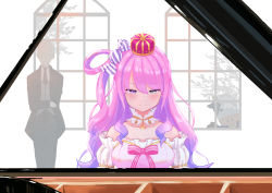 Rule 34 | 1boy, 1girl, 6mint, absurdres, blush, candy hair ornament, crown, detached collar, faceless, faceless male, food-themed hair ornament, green eyes, hair ornament, hair rings, heterochromia, highres, himemori luna, himemori luna (1st costume), hololive, instrument, looking down, music, piano, pink hair, playing instrument, playing piano, purple eyes, shitsuji-chan (himemori luna), side ponytail, smile, standing, upper body, virtual youtuber, window