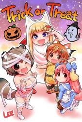 Rule 34 | 4girls, ahoge, animal ear fluff, animal ears, apron, arm up, arms up, bandages, bandages, basket, bat hair ornament, belt, black legwear, blonde hair, bloomers, blue dress, blue eyes, blue footwear, bow, breasts, brown dress, brown eyes, brown footwear, brown hair, cat ears, child, china dress, chinese clothes, claw pose, cleavage, clothes lift, commentary request, demon wings, dog ears, dog tail, dress, dress lift, eru (lee), facial mark, fake horns, fang, fangs, flat chest, fox ears, fox tail, full body, ghost, ghost costume, gloves, hair bow, hair ornament, hairband, hairclip, halloween, halloween costume, heart, horns, jack-o&#039;-lantern, jiangshi, komugi (lee), large breasts, lee (colt), long hair, mary janes, miku (lee), momo (lee), multiple girls, naked bandage, navel, ofuda, one eye closed, open mouth, original, pink hair, pumpkin, raccoon ears, raccoon tail, red footwear, red gloves, ribbon, shoes, short dress, short hair, smile, standing, standing on one leg, swimsuit, tail, thighhighs, trick or treat, underwear, v, waving, white apron, wings