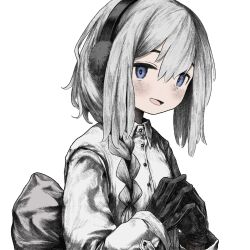 Rule 34 | 1girl, black gloves, blue eyes, blush, braid, braided ponytail, coat, collared coat, earmuffs, gloves, grey coat, grey hair, hair over shoulder, highres, kilsturgeon, long hair, long sleeves, looking at viewer, open mouth, own hands together, sekka yufu, simple background, smile, solo, steepled fingers, upper body, utau, white background