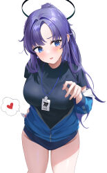 Rule 34 | 1girl, absurdres, black shirt, blue archive, blue buruma, blue eyes, blue jacket, blush, breasts, buruma, facial mark, gompu, halo, highres, id card, jacket, lanyard, large breasts, long hair, mechanical halo, official alternate costume, open mouth, partially unzipped, ponytail, purple hair, scavenger hunt, shirt, short sleeves, simple background, solo, star (symbol), white background, yuuka (blue archive), yuuka (track) (blue archive)