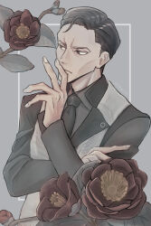Rule 34 | 1boy, black hair, black jacket, black necktie, brown eyes, closed mouth, fate/grand order, fate (series), fingernails, flower, frown, grey background, grey shirt, highres, jacket, male focus, muted color, necktie, old, old man, red flower, shirt, short hair, solo, takechi zuizan (fate), tatu ieji, upper body, vest, white vest