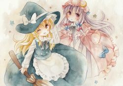 Rule 34 | 2girls, apron, black dress, blonde hair, bow, braid, broom, capelet, coat, crescent, dress, hair ribbon, hat, hat bow, kagome f, kirisame marisa, long hair, long sleeves, mob cap, multiple girls, one eye closed, open clothes, open coat, open mouth, painting (medium), patchouli knowledge, purple eyes, purple hair, ribbon, single braid, smile, star (symbol), striped clothes, striped dress, touhou, traditional media, tress ribbon, very long hair, waist apron, watercolor (medium), wink, witch hat, yellow eyes
