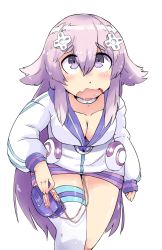 Rule 34 | 10s, 1girl, adult neptune, artist request, blush, breasts, cleavage, d-pad, downblouse, hair ornament, highres, hood, hooded track jacket, hoodie, jacket, long hair, looking at viewer, neptune (neptunia), neptune (series), panties, purple eyes, purple hair, pussy juice, sex toy, shin jigen game neptune vii, solo, source request, track jacket, underwear, vibrator, vibrator under clothes, vibrator under panties