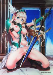 Rule 34 | 10s, 1girl, armor, bikini armor, bikini warriors, blonde hair, blue eyes, blush, breasts, cleft of venus, full body, gauntlets, hairband, highres, kneeling, large breasts, long hair, looking at viewer, navel, nipples, nude, official art, open mouth, polearm, pussy, skirt, solo, spear, tony taka, topless, uncensored, valkyrie (bikini warriors), very long hair, weapon, winged hairband