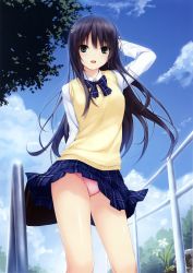 Rule 34 | 1girl, :d, absurdres, bag, black hair, blue eyes, blue sky, bow, bowtie, clothes lift, cloud, coffee-kizoku, day, hair ornament, highres, long hair, looking at viewer, open mouth, panties, pantyshot, pink panties, plaid, plaid bow, plaid bowtie, plaid neckwear, pleated skirt, scan, school bag, school uniform, shiramine rika, skirt, skirt lift, sky, smile, solo, standing, underwear, upskirt, vest