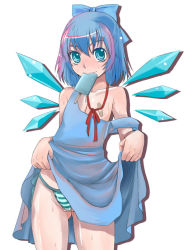 Rule 34 | 1girl, bandaid, bandaids on nipples, blue eyes, blue hair, blush, cirno, clothes lift, doru riheko, dress, dress lift, embodiment of scarlet devil, female focus, flat chest, food, matching hair/eyes, no bra, panties, pasties, popsicle, short hair, simple background, solo, strap slip, striped clothes, striped panties, striped thighhighs, sweat, thighhighs, touhou, underwear, wet, white background, wings