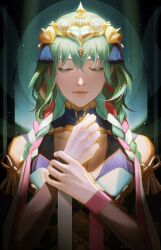 Rule 34 | 1girl, absurdres, bare shoulders, braid, byleth (female) (fire emblem), byleth (fire emblem), closed eyes, closed mouth, commentary request, cosplay, fire emblem, fire emblem: three houses, fire emblem heroes, green hair, hair between eyes, hair ornament, highres, lips, long hair, nintendo, official alternate costume, own hands together, pink lips, pink ribbon, ribbon, ribbon braid, shenye yuu, solo, sothis (fire emblem), sothis (fire emblem) (cosplay), tiara, twin braids, white ribbon