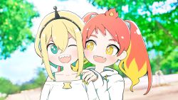 Rule 34 | 2girls, amano pikamee, antennae, aqua eyes, bare shoulders, blonde hair, blurry, blurry background, bright pupils, colored tips, commentary, day, fangs, fiery hair, gyari (imagesdawn), hairband, hand on another&#039;s shoulder, highres, hikasa tomoshika, hikasa tomoshika (artist), hood, hoodie, looking at another, multicolored hair, multiple girls, nail polish, off-shoulder shirt, off shoulder, one eye closed, open mouth, outdoors, red hair, sharp teeth, shirt, short hair, smile, teeth, tree, twintails, upper body, virtual youtuber, voms, white hoodie, white pupils, white shirt, yellow eyes