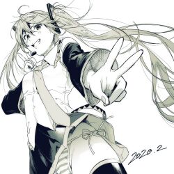 Rule 34 | 1girl, adochansukisuki, bare shoulders, bikini, breasts, collared shirt, commentary, dated, detached sleeves, double v, earpiece, frilled shirt, frills, from below, greyscale, hatsune miku, highres, long hair, monochrome, necktie, panties, pantyshot, shirt, side-tie bikini bottom, simple background, small breasts, solo, striped clothes, striped panties, swimsuit, thighhighs, underwear, v, vocaloid, wide sleeves