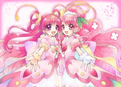 Rule 34 | 2girls, :d, absurdres, back bow, blush, bow, coat, cowboy shot, cure dream, cure grace, dream cure grace, dress, earrings, flower, frills, gloves, hair bun, hair flower, hair ornament, hair rings, hanadera nodoka, healin&#039; good precure, healin&#039; good precure: yume no machi de kyun! tto gogo! daihenshin!!, heart, highres, holding hands, huge bow, jewelry, kazusa hiyori, long hair, looking at viewer, magical girl, multicolored bow, multiple girls, open mouth, outstretched hand, pink coat, pink eyes, pink flower, pink hair, pink rose, pink theme, precure, puffy sleeves, purple eyes, ring, rose, single hair bun, smile, standing, symmetry, twitter username, white dress, white gloves, yes! precure 5, yes! precure 5 gogo!, yumehara nozomi