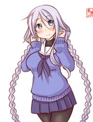 Rule 34 | 1girl, alternate costume, alternate hairstyle, artist logo, black pantyhose, blue eyes, blue neckerchief, blue skirt, blue sweater, braid, breasts, commentary request, cowboy shot, dated, kanon (kurogane knights), kantai collection, long hair, low twintails, mole, mole under eye, neckerchief, one-hour drawing challenge, pantyhose, pleated skirt, sailor collar, school uniform, serafuku, silver hair, simple background, skirt, solo, sweater, twin braids, twintails, umikaze (kancolle), very long hair, white background, white sailor collar
