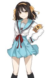 Rule 34 | 1girl, arm at side, armband, blue sailor collar, blue skirt, bob cut, bow, bowtie, breasts, brown eyes, brown hair, closed mouth, collarbone, commentary, feet out of frame, hair between eyes, hair bow, hairband, hand on own hip, highres, kita high school uniform, long sleeves, medium breasts, pleated skirt, red bow, red bowtie, ribbon, sailor collar, sasai tuki, school uniform, serafuku, shirt, short hair, simple background, skirt, smile, solo, standing, suzumiya haruhi, suzumiya haruhi no yuuutsu, translated, v-shaped eyebrows, white background, white shirt, winter uniform, yellow armband, yellow bow, yellow hairband, yellow ribbon
